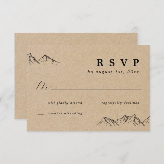 Rustikal handgezeichnet Berge und Bäume Hochzeit R RSVP Karte (Vorne/Hinten)
