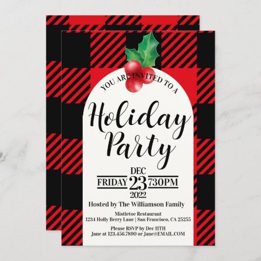 Rustikal Holly Berries Wasserfarbener Karierter Ur Einladung (Vorne/Hinten)