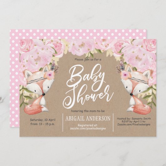 Rustikal, Holz, Rosa Blüte, Babydusche Einladung (Vorne/Hinten)