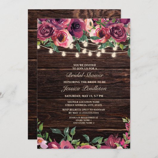 Rustikal Holz String Lights Burgund Floral Bridal Einladung (Vorne/Hinten)