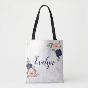 Rustikal Hübsch Navy Blue, Peach Floral Personali Tasche