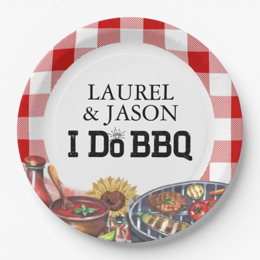 Rustikal I Do GRILLEN Couple Shower Party Gingham Pappteller (Vorderseite)