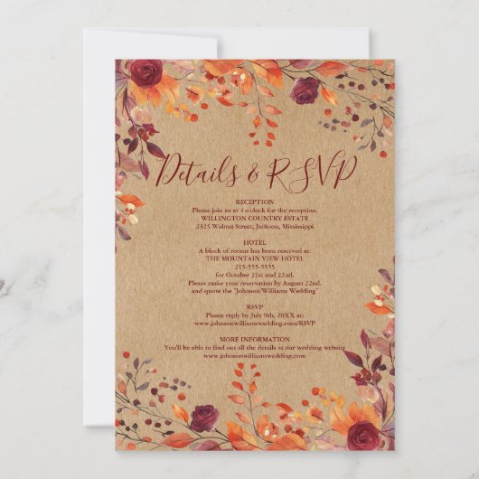 Rustikal in einem Herbst Herbst Blumenhochzeit Einladung (Rückseite)