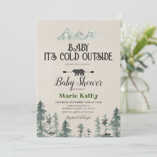 Rustikal ist es kalte Outside Green Forest Baby Du Einladung (Stehend Vorderseite)