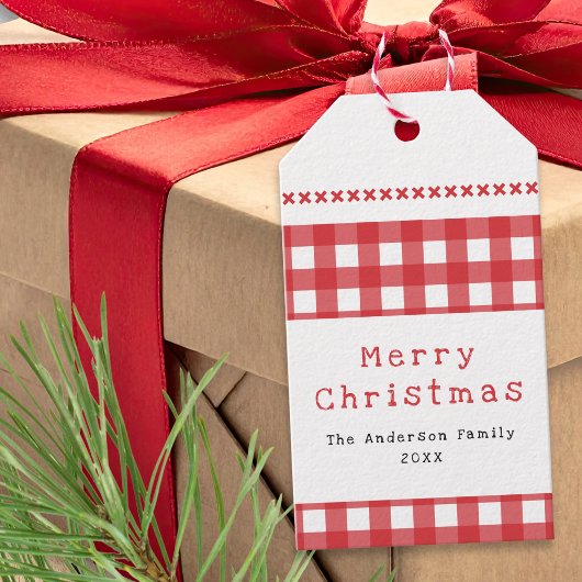 Rustikal kariert Rot Weiß Frohe Weihnachten Geschenkanhänger