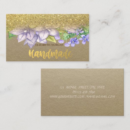 Rustikal, Kraft, Aquarellfarben, Blume, Glitzer Visitenkarte (Vorne/Hinten)