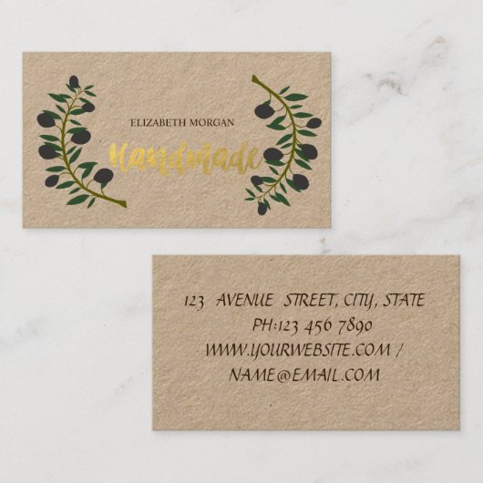 Rustikal, Kraft, Olivenzweig, handgefertigt Visitenkarte (Vorne/Hinten)