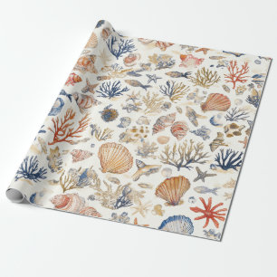 Rustikal-Küstendesign - Muscheln, Seesterne, Riff Geschenkpapier
