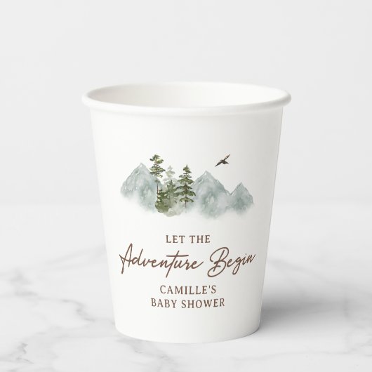 Rustikal Ließ die Adventure Begin Baby Dusche Pappbecher (Rückseite)