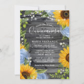 Rustikal Light Blue Rose Sonnenblumen Quinceanera Einladung (Vorderseite)