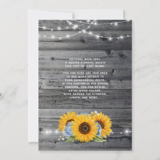 Rustikal Light Blue Rose Sonnenblumen Quinceanera Einladung (Rückseite)