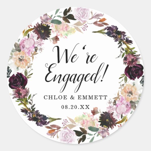 Rustikal Lila und rosa Blüte Wir sind Verlobt Runder Aufkleber (Vorderseite)