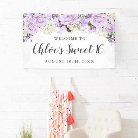 Rustikal Lila und weiß Blütensüß 16 Party Banner (Insitu)