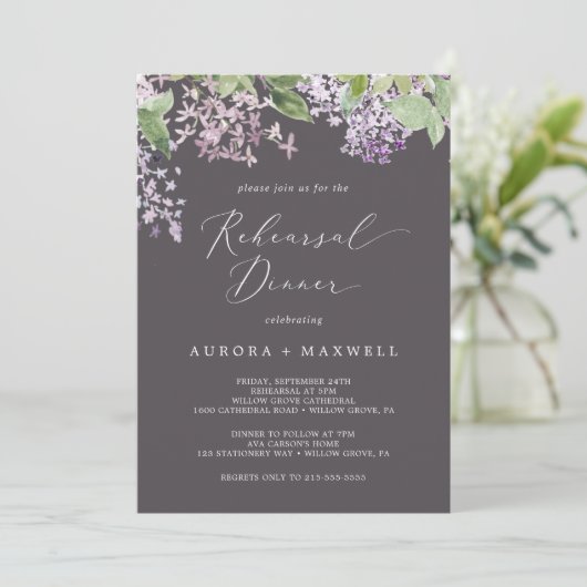 Rustikal Lilac | Graues Probe Abendessen Einladung (Stehend Vorderseite)