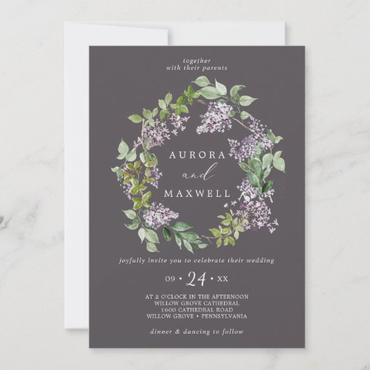 Rustikal Lilac | Grey Wreath Wedding Einladung (Vorderseite)