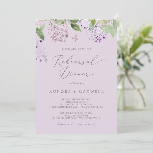 Rustikal Lilac | Lavendel Probe Abendessen Einladung (Stehend Vorderseite)