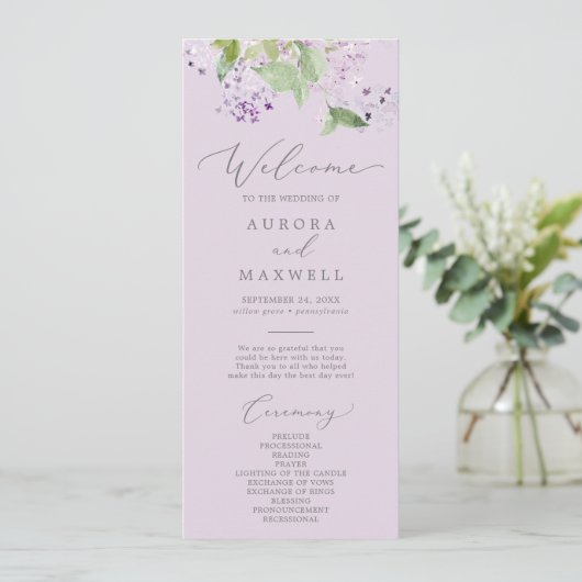 Rustikal Lilac | Lavender Wedding Program Programm (Stehend Vorderseite)