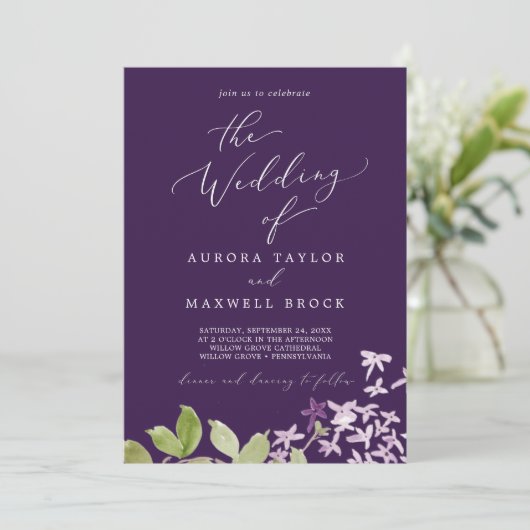 Rustikal Lilac | Lila Hochzeit von Einladung (Stehend Vorderseite)