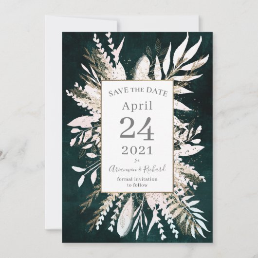 Rustikal moody Green Botanicals Save the Date Einladung (Vorderseite)