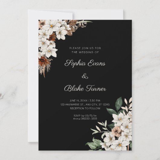 Rustikal Off White Blume Boho Black Wedding Einladung (Vorderseite)