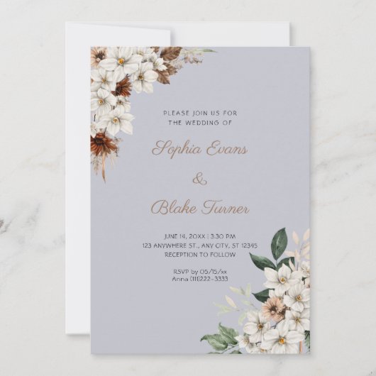 Rustikal Off White Blume Boho Cloud Gray Wedding Einladung (Vorderseite)