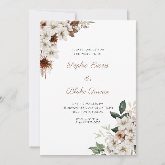 Rustikal Off White Blume Boho White Wedding Einladung (Vorderseite)