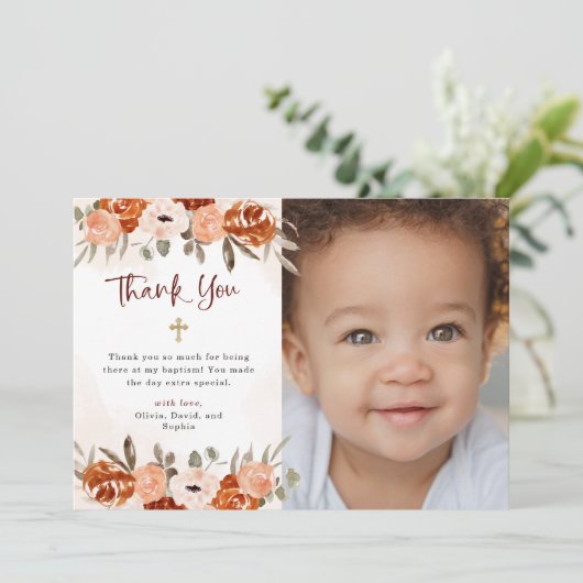 Rustikal Orange Boho | Aquarelltaufe Foto Dankeskarte (Stehend Vorderseite)