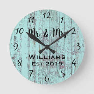 Rustikal Personalisiert Aqua Vintage Holz Maßgesch Runde Wanduhr