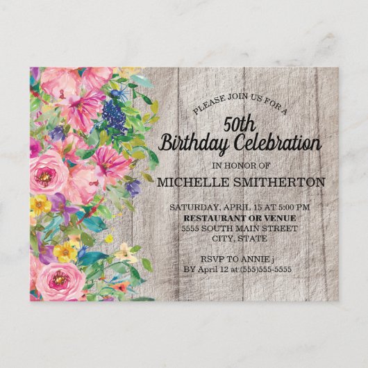 Rustikal Pink Blau Aquarell Floral 50. Geburtstag Postkarte (Vorderseite)