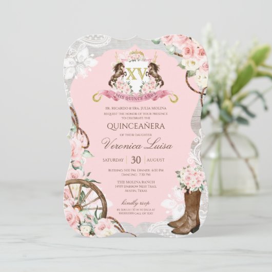 Rustikal Pink Charro Quinceanera Einladung (Stehend Vorderseite)
