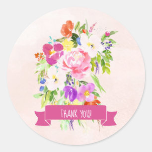 Rustikal Pink Floral Bouquet Wasserfarbe Vielen Da Runder Aufkleber