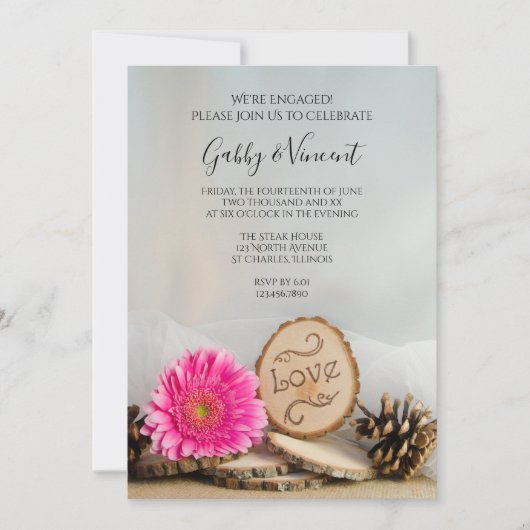 Rustikal Pink Gerber Daisy Woodland Engagement Par Einladung (Vorderseite)