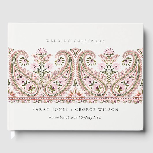 Rustikal Pink Green Floral Paisley Motif Wedding Gästebuch (Vorderseite)