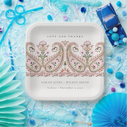 Rustikal Pink Green Floral Paisley Motif Wedding Pappteller (Party)