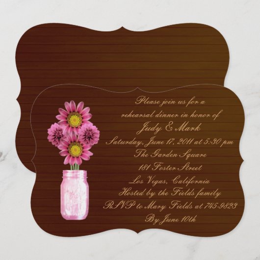 Rustikal Pink Mason Jar Probe Dinner einladen Einladung (Vorne/Hinten)