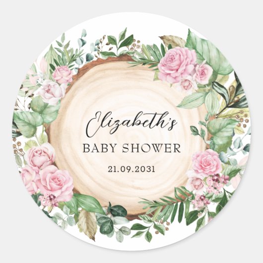 Rustikal Pink Roses Grüngarten Baby Girl Dusche Runder Aufkleber (Vorderseite)