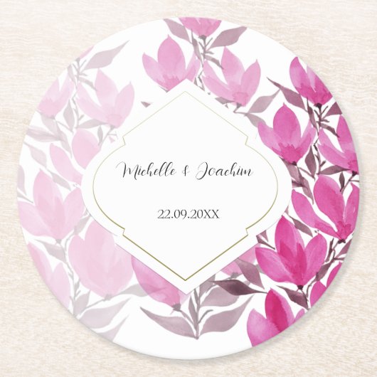 Rustikal Pink Wasserfarbe Blütenbraun Handgemalt Runder Pappuntersetzer (Vorderseite)