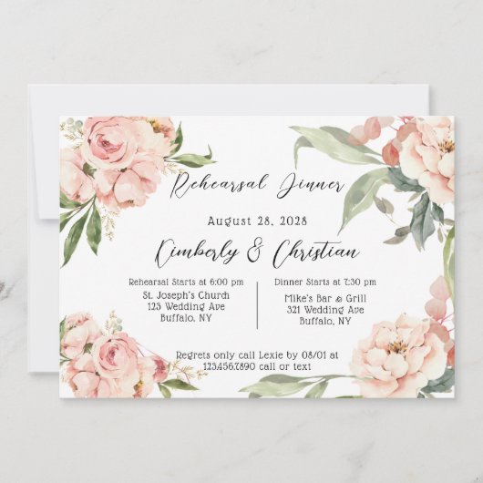 Rustikal Pink Wasserfarbe Probe Abendessen Einladung (Vorderseite)