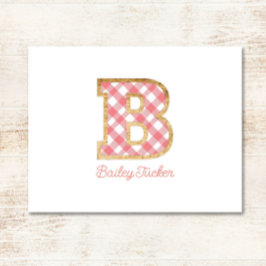 Rustikal & Preppy "B" Pink Gingham auf Wood Girly Mitteilungskarte