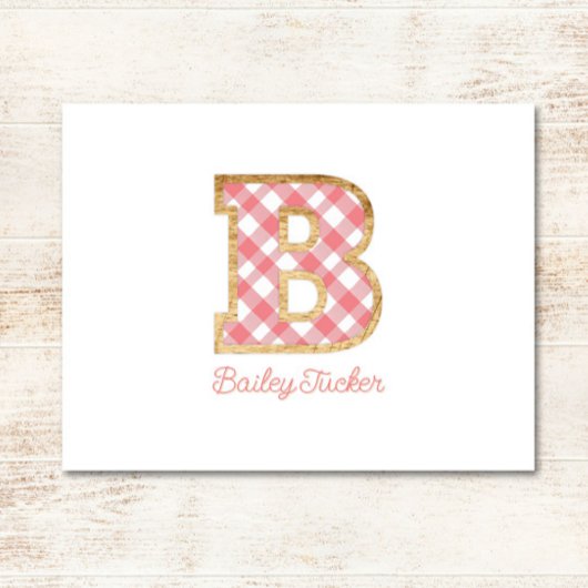 Rustikal & Preppy "B" Pink Gingham auf Wood Girly Mitteilungskarte