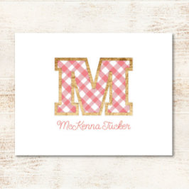 Rustikal & Preppy "M" Pink Gingham auf Wood Girly Mitteilungskarte