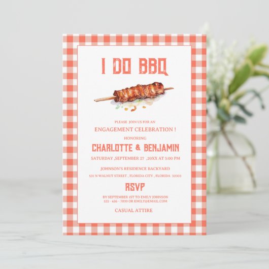 Rustikal Red Gingham I betreibt GRILLEN Engagement Einladung (Stehend Vorderseite)