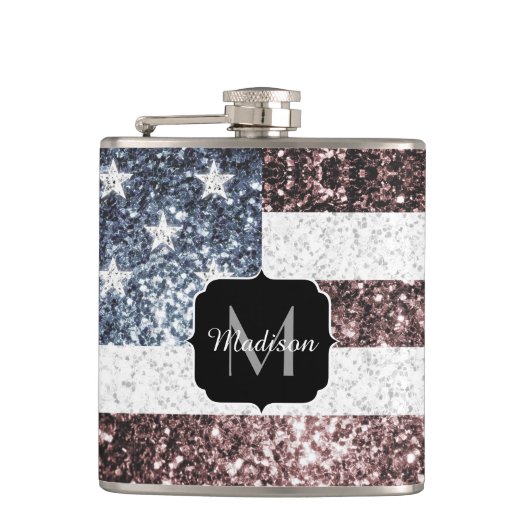 Rustikal Red White Blue Glitzern USA Flaggenmonogr Flachmann (Vorderseite)
