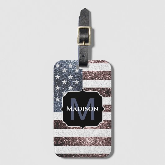 Rustikal Red White Blue Glitzern USA Flaggenmonogr Gepäckanhänger (Vorderseite Vertikal)