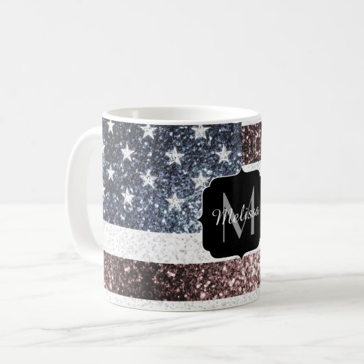 Rustikal Red White Blue Glitzern USA Flaggenmonogr Kaffeetasse (Vorderseite Links)