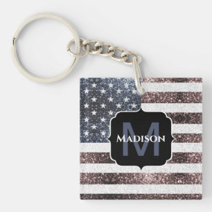 Rustikal Red White Blue Glitzern USA Flaggenmonogr Schlüsselanhänger