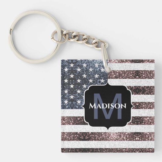 Rustikal Red White Blue Glitzern USA Flaggenmonogr Schlüsselanhänger (Vorderseite)