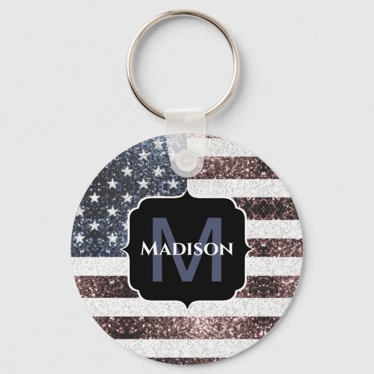 Rustikal Red White Blue Glitzern USA Flaggenmonogr Schlüsselanhänger (Vorderseite)