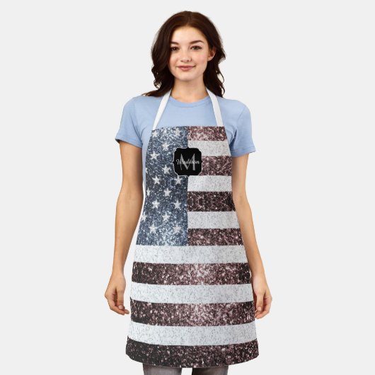 Rustikal Red White Blue Glitzern USA Flaggenmonogr Schürze (Getragen)