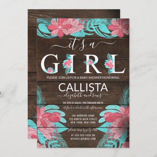 Rustikal rosa Aquamarine Blütendusche Einladung (Vorne/Hinten)